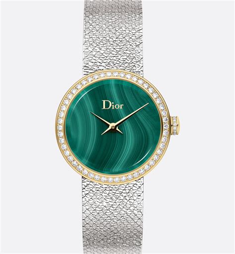 La D de Dior Satine Ø 25 mm, Steel, Yellow Gold, Malachite and 